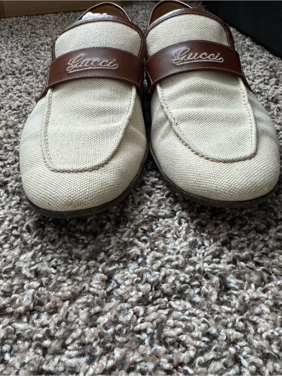 Gucci Men’s Cream Canvas and Brown Leather Loafers39
